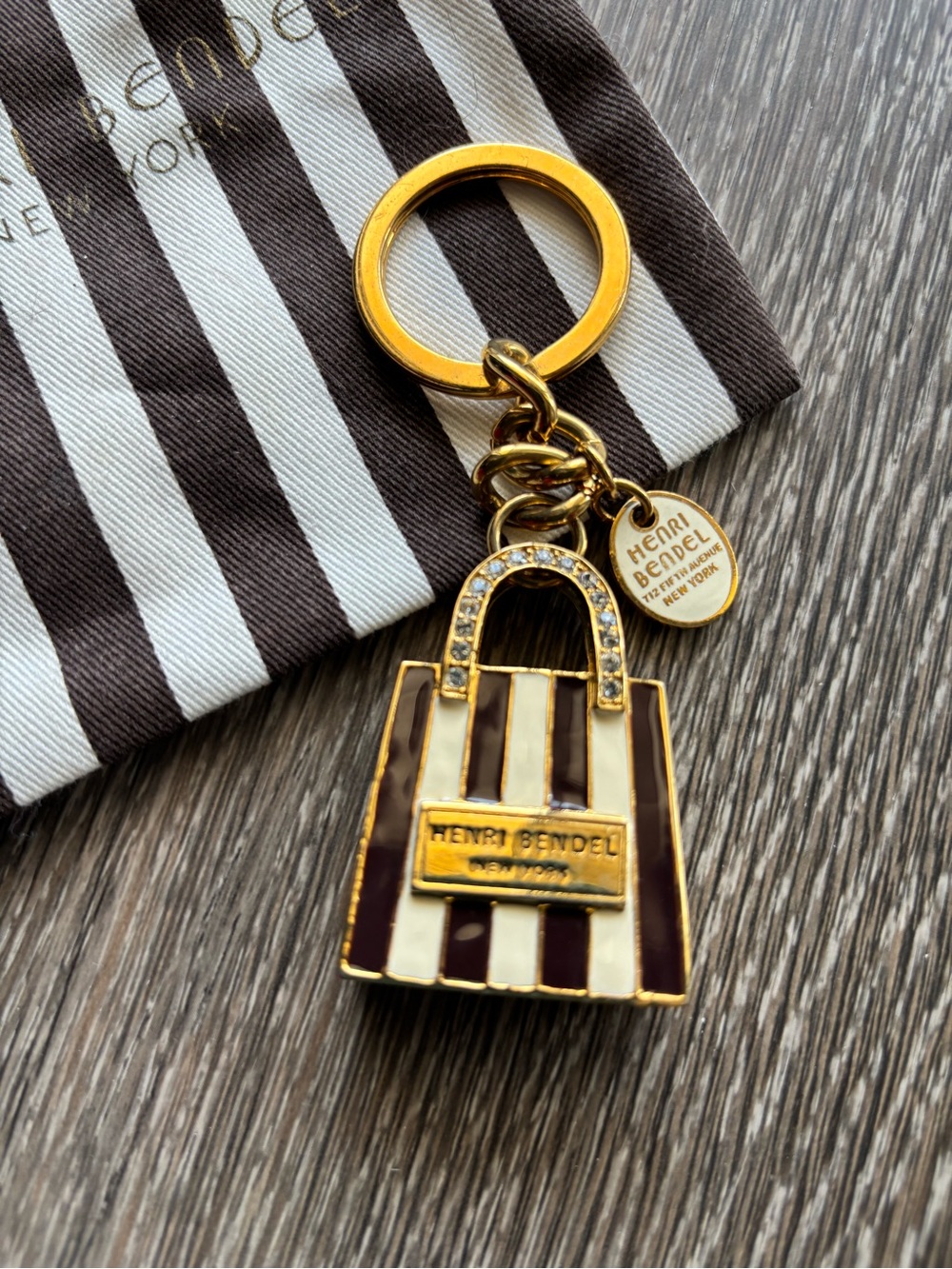 henri bendel Brown & Cream Striped Bag Charm Keychain with Gold Hardware